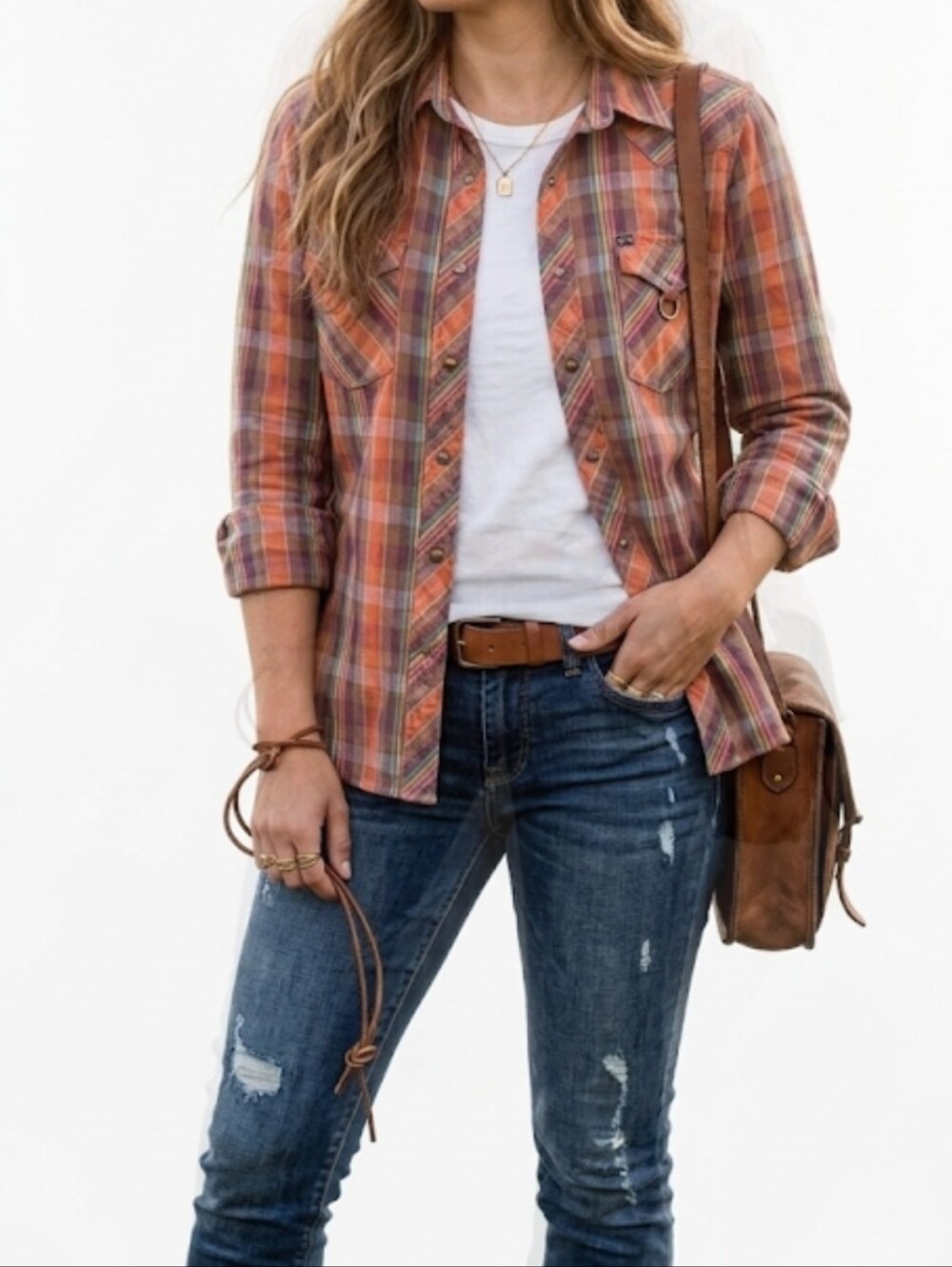 Slim Fit Orange Plaid Button-Down Western Shirt